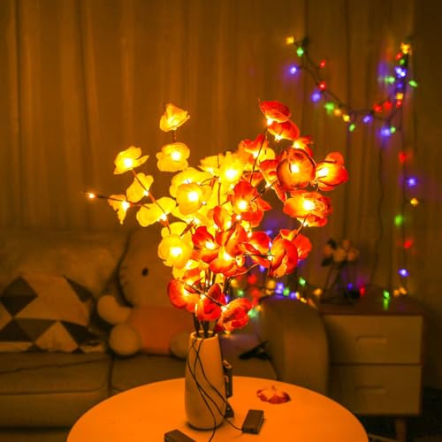 ALEENFOON 2 stycken LED-orkidé ljusträd, konstgjord orkidé med LED-belysning, orkidé gren, ljus, dekoration för jul, påsk, heminredning