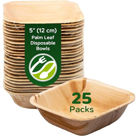 ECO Leaf 25pcs Disposable Palm Leaf Bowls, 5 (13cm) 19.4oz (550ml), for Soup, Desserts & Salad, Sturdy Eco Friendly Biodegradable, Bamboo, Wooden and Paper Bowls for Hot Food, Oven Safe