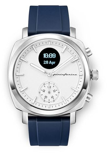 Pininfarina Senso Sport Hybrid Reloj Inteligente - Reloj analógico con Correa de FKM, Pantalla Digital y Monitor de frecuencia cardíaca, Pasos, calorías y sueño - Brújula y GPS - Moonlight Silver