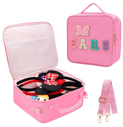 Chenille Letter Bow Mouse Ears Travel Case, Park Ears Headband Holder Hair Accessories Organizer Waterproof Bag for Girls Women Kids Adults, Large Makeup Bag Snack Bags with Zipper for Travel Picnic
