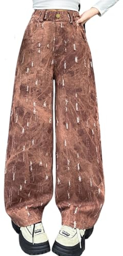 Rolanko Jeans Baggy pour Filles Pantalon en Denim Patchwork à Taille Élastiquée