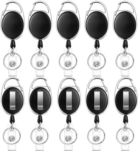 JEFURE Retractable Badge Reel, 10 Pcs, Black | Extendable ID Card Holder, Keyring with Clip, Heavy Duty Keychain, Fob Holder for Office, School, Work