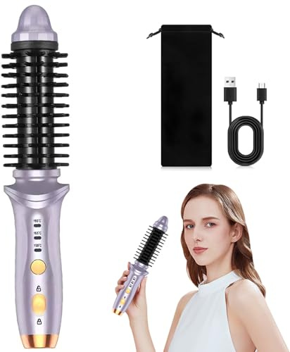 DSXVJHD Cordless Hot Brush for Short Hair, Heated Round Brush Hair Curler with 3 Temperature Settings, USB Rechargeable Thermal Curling Iron for Women, Portable Hot Comb for All Hair Types (Purple)