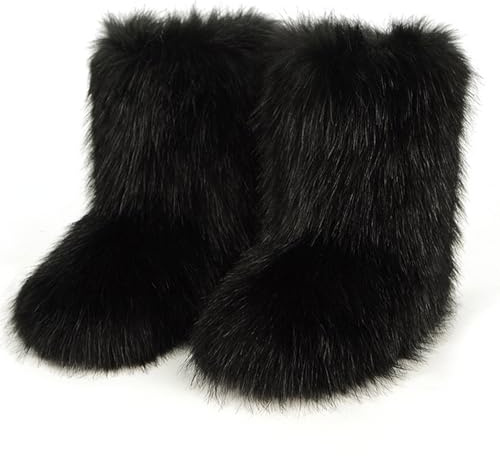 yUhe2018Cw Women's Fuzzy Fluffy Faux Fur Boots Furry Suede Warm Fur Lined Fashion Mid Calf Snow Booties Black 40