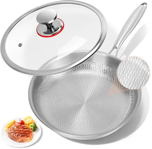 Gvdeirn Steel Frying Pan with Lid, Frying Pan for Searing & Sauteing, Skillet pan Coated, PTFE & PFOA-Free, Fish Scale Pattern, Compatible with Gas, Induction and Electric Hobs, Oven safe-30cm