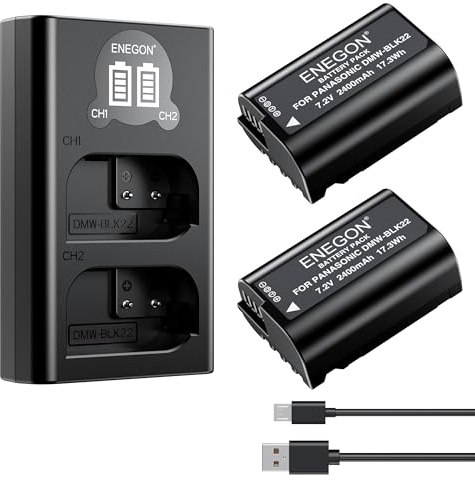 ENEGON DMW-BLK22 Lot de 2 Batteries 2400mAh et Double Dhargeur avec Dâble USB-Micro et écran LCD pour appareils Photo Panasonic Lumix DC-S5, DC-S5 II/IIX, GH5 II, GH6, GH7, S5M2, GH5M2, S9