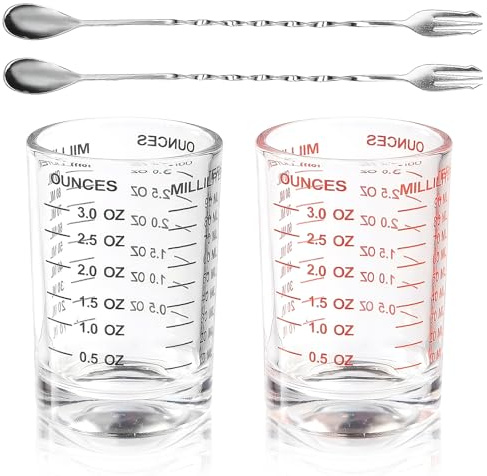 Ziyonix Misurino in Vetro Piccolo 3oz/90ml, Dosatore Cocktail con 2 Cucchiai per Mescolare, Resistente al Calore Bicchiere Dosatore con Bilancia per Cucina Bar Vodka Cocktail Tequila (Nero Rosso)
