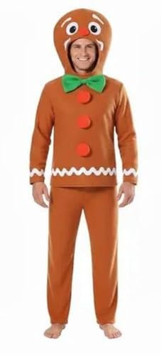 Adults Gingerbread Man Christmas Costume - Brown Top with Green Bowtie & Gingerbread Man Hood, Brown Trousers - Unisex Mens Womens Festive Xmas Fancy Dress Costume