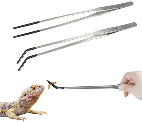 Ginddy Reptile Feeding Tongs with Rubber Tips,2 PCS 27cm Long Stainless Steel Tweezers Set - Curved & Straight Aquarium Tongs for Snakes, Lizards, Spider Feeding & Tank Maintenance