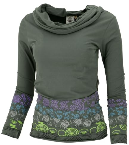 GURU SHOP Kapuzenshirt, Boho Patchwork Shirt mit Schalkapuze, Biobaumwolle - Farngrün, Damen, Size:L