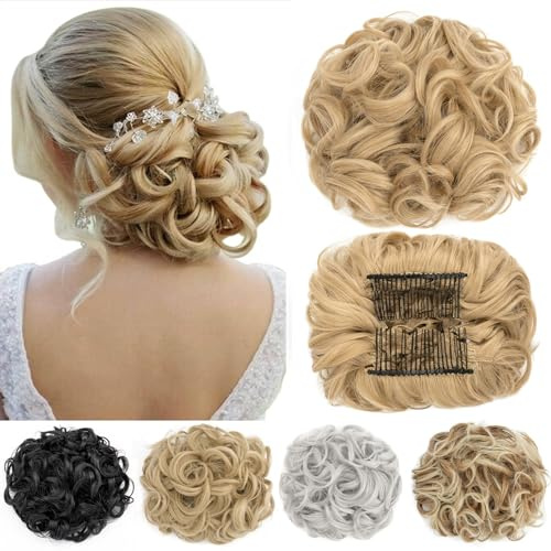 Short Messy Curly Dish Hair Bun Extension Easy Stretch hair Combs Clip in Ponytail Extension Scrunchie Chignon Tray Ponytail Hairpieces Brown Blonde Highlight