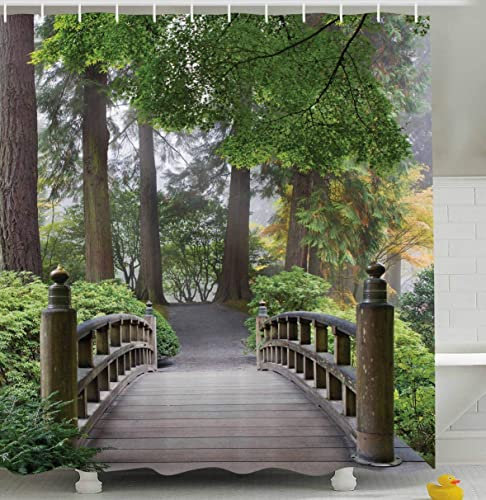 Decor Collection Foggy Morning Wooden Bridge at Japanese Garden with Various Types of Trees in Autumn Polyester Fabric Bathroom Shower Curtain Beige Green 72 X 72 Inch