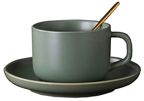 Ranvi Vintage European Coffee Mugs Set, Ceramic Set with Saucer and Spoon，Mocha, Cappuccino and Tea(Green)