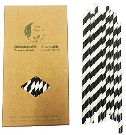 Biologisch Abbaubare Schwarz Weiß Papiestrohhalme, 100 x Cocktail Strohhalme Schwarz Gestreifte Papier Trinkhalme Einweg für Partys, Hochzeiten und Anlässe