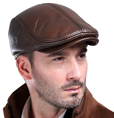 BOTOWI Sombrero de Hiedra de Cuero Genuino para Hombre, Gorra de Vendedor de periódicos, Gorra clásica de Cuero de Vaca Gatsby para Conducir, Sombrero de Taxista,Marrón,XXL