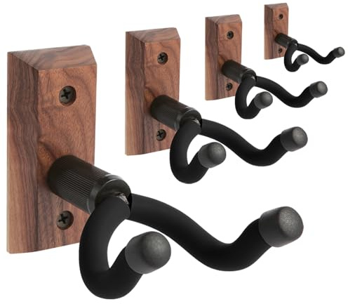 VEINTICO Guitar Wall Mounts 4 Pack, Hangers Hooks Bracket Holders for Acoustic and Electric Guitars, Bass Banjo Mandolin, Black Walnut Wood Base
