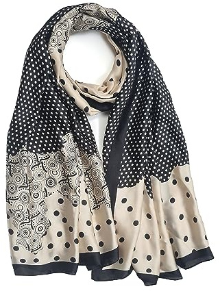 GLORIS Sciarpa da donna fine in seta grande 180 x 90 cm con stampe colorate. Foulard per donne. Sciarpa per la testa e il collo. Sciarpa di seta elegante, Nero-Amarillento, 180x90 cm