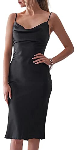 xxxiticat Robe midi sans manches avec bretelles spaghetti en satin pour cocktail, plage, soirée, soirée, Noir , S
