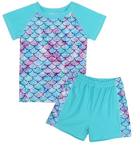 MASOCIO Maillot de Bain Fille 2 Pieces Anti UV UPF 50+ Maillots de Bain Enfant Deux Pièces Tee T Shirt Tshirt Short Natation Plage 5-6 Ans Multicolore Écailles 6