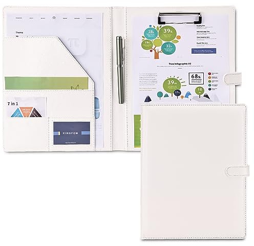 KINGFOM Professional Business Padfolio Clipboard Folder Portfolio, PU Leather Clipboard Organizer with Cover for Legal Pad Holder, Letter Size Resume/Document Portfolio Folder for Men Women White