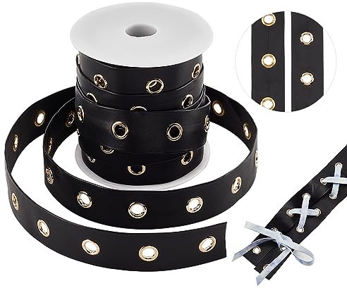 PandaHall 8.2m Ösenbesatz Mit Ösen 24mm Schwarzes Ösenband Aus Kunstleder Mit Goldenem Metallloch Ringöse Twillbesatz Zum Nähen von Kleidungsstücken Korsetts Hemden Kleidern Jacken Schuhen