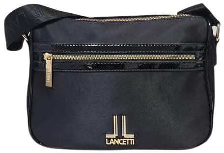 Borsa Donna LANCETTI Sacca Tracolla in Tessuto tipo Raso riporti in Vernice Tracolla in Tessuto Personalizzata Regolabile Dimensioni: 30 X 20 X 11 cm. ART. LB23W-103-3 LINEA FAKTEN (NERO)