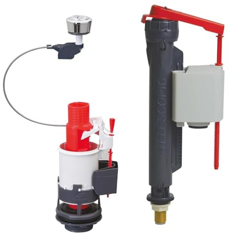 Wirquin 10723580 Mécanisme chasse d'eau wc double chasse avec bouton poussoir à câble MW2, gris & 10723588 Chasse d'eau wc robinet flotteur à alimentation basse Jollyfill, gris