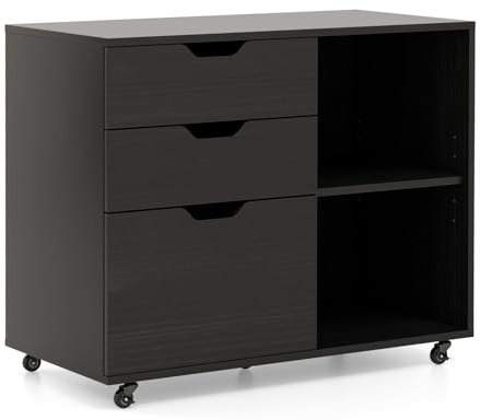 COSTWAY 3-Drawer Mobile File Cabinet, Lateral Stationery Storage Cabinet with 2 Open Storage Shelves and Wheels, Home Office Rolling Printer Stand Side Filing Cupboard (with Cutout Handles, Black)