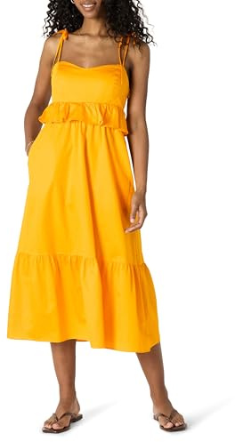 Amazon Essentials Robe Longue Ajustée et Évasée en Satin de Coton, Col en Cœur et Taille Empire Femme, Jaune Doré, S