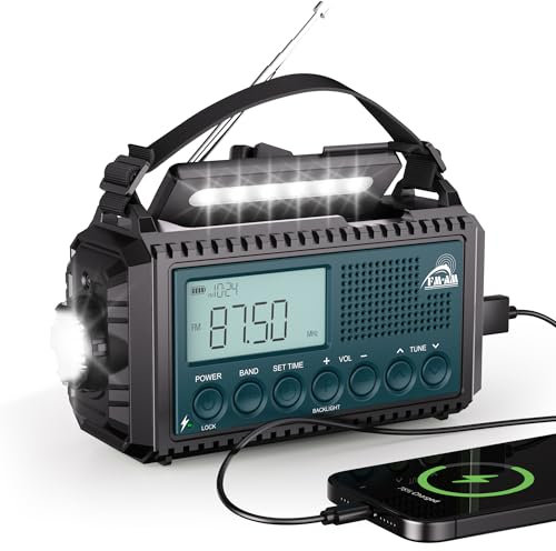 AM/FM/SW Kurbelradio mit 12000mAh Akku Wiederaufladbare, Tragbare Radio mit Taschenlampe & Leselicht, Notfallradio Typ C Anschluss, SOS-Alarm Dynamo Radio für Wandern, Outdoor, Camping