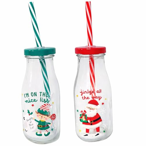 eBoutik - Pack of 2 Festive Christmas Milk Bottle Set with Straws - Reusable Glass Bottles with Santa and Elf Designs - Xmas Eve Box for Stocking Filler