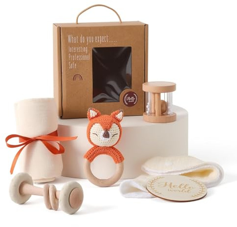 Regalo para recién nacidos, juego de regalo para bebé de 6 piezas, toallas de baño, baberos, juguetes de madera, sonajero de conejo de ganchillo y tarjetas de hitos, paquete de regalo (color beige)