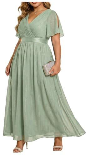 Talisea Plus Size Bridesmaid Dresses Chiffon Sage Green Wedding Guest Cocktail Short Sleeve V Neck A-Line Floor Length Dress