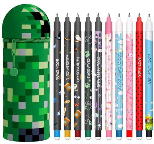 Lot de 10 stylos gel effaçables + Kawaii Trousse 2 en 1 avec encre effaçable thermosensible, gamme de couleurs différentes d'encre et dessins, pointe de 0,7 mm, design d'animaux