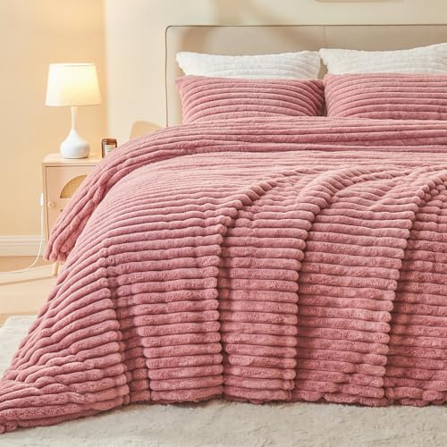 EMME Ropa de cama de felpa a rayas, 200 x 200 cm, ropa de cama de invierno de imitación de piel de conejo con elegante diseño de rayas, funda nórdica ultra suave con cremallera y 2 fundas de almohada