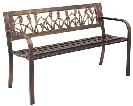 VEVOR Outdoor Bench, 127 cm, Carbon Steel Metal Frame with PVC Floral Pattern Backrest and Round Edge Armrests, Weatherproof Outside Bench for Patio, Garden, Park, Yard, Front Porch, Antique Bronze