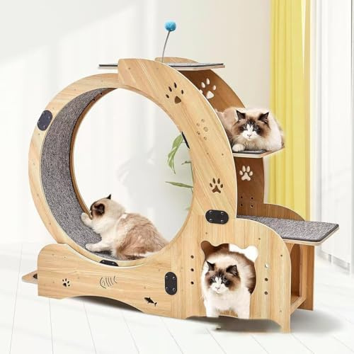 Cinta de correr silenciosa de madera para mascotas, nido de gato integrado y rueda de ejercicio en interiores para uso doméstico (roble natural)