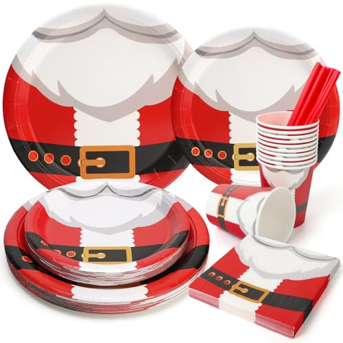 PARTY GO 125 Pezzi Piatti Natalizi Usa e Getta, Piatti Carta e Bicchieri Tovaglioli Natalizi Motivo Babbo Natale Abiti Rosso Stoviglie Monouso per Feste Servizio da 25 Persone