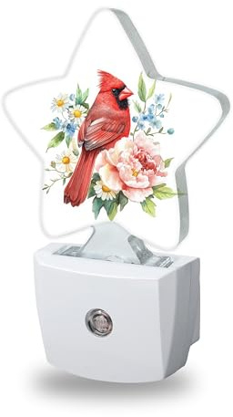 Snowmolle Night Lights Plug Into Wall Decorative,Red Cardinal Bird Nightlights for Kids Bedroom, Spring Flowers Energy Efficient Dusk-to-Dawn Sensor Sleep Friendly Lamp for Nursery Bathroom
