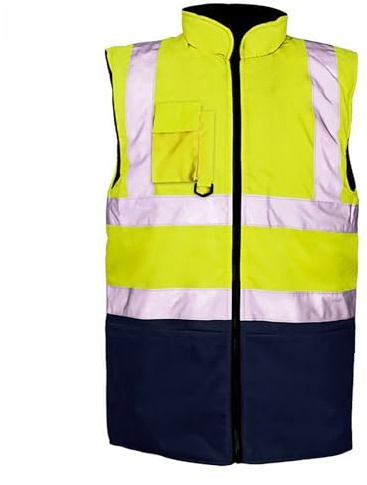 Hi Vis Viz Bodywarmer Fleece Lined Reversible Safety Gilet Waistcoat Waterproof High Visibility Reflective Workwear Vest for Men Security Outdoor Work Jacket Yellow Navy 2XL