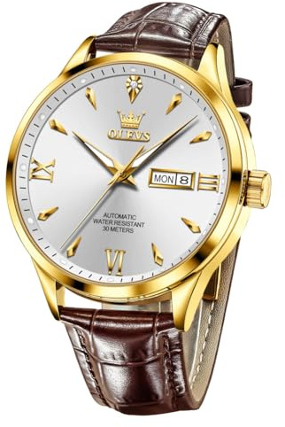 OLEVS Men Watch Brown Leather Automatic Watches for Men Luxury Dress Men's Watch with Date Waterproof Large Face Self Winding Gold Watches for Man