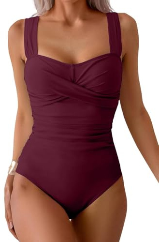 Joligiao Women One Piece Tummy Control Swimming Costume Ruched Full Coverage Modest Swimsuit Removable Padded Swimwear Wide Adjustable Straps Bathing Suit Vintage Push Up Monokini Burgundy