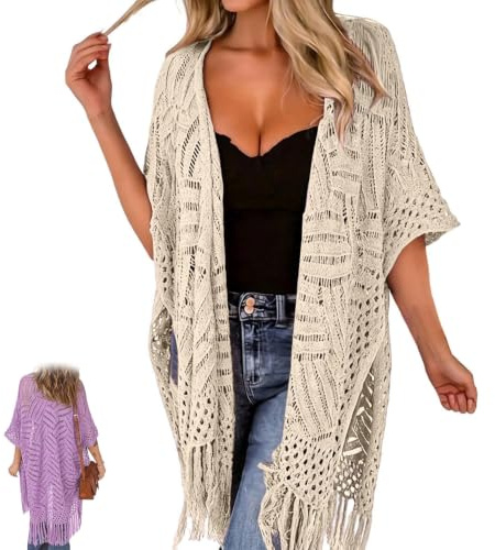 Virkad Kofta For Kvinnor Med Öppen Framsida Ytterkläder, Lätt Ihålig Stickad Kimono Beach Cover Up Med Tofsfransar, Boho Sommarsjal For Badkläder, Klänningar, Jeans