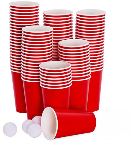 THE TWIDDLERS 100 Stabile Rote Pappbecher, Trinkbecher & 15 Bällen für Partys, Beer Pong, Bierpong Trinkspiel - Umweltfreundlich