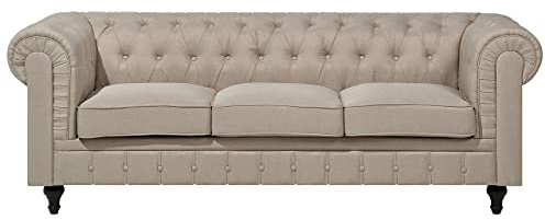 Beliani Sofá Chesterfield tapizado en Tela Beige Patas de Madera Oscura 3 plazas Estilo clásico Chesterfield