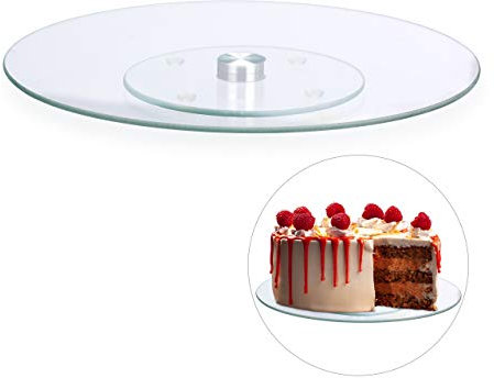 Relaxdays 2X Piatto per Torte, Girevole a 360º, Ø 30cm, per Decorare e Servire, Tortiera Rotonda, Vetro, Trasparente