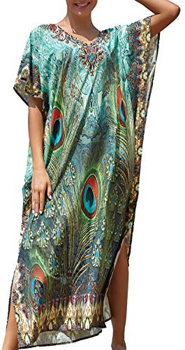 YOUKD Femmes Longue Caftan Maxi Robe bohème Robe de Couverture de Plage Grande Taille vêtements de détente Taille Unique