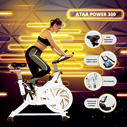 ATAA Bicicletta da ciclo indoor ATAA Power 300 - Bianco-Bicicletta di fitness, cyclette con display LCD che riporta calorie, velocità, distanza percorsa e battito cardiaco