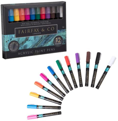 HTI Fairfax & Co Acryl-Marker Stifte | 12 Farben für Steinmalerei, Glas, Tassen, Leinwand & Multi-Oberflächen | Ungiftig, wasserdicht, schnelltrocknend | Perfekt für Kiesel, Kunststoff & DIY-Projekte