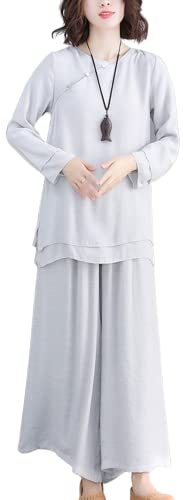 Moonetto Womens Chinese Traditional Tai Chi Uniforms Kung Fu Clothing Martial Arts Suit Cotton Wing Chun Clothes (0253-Grey-L)
